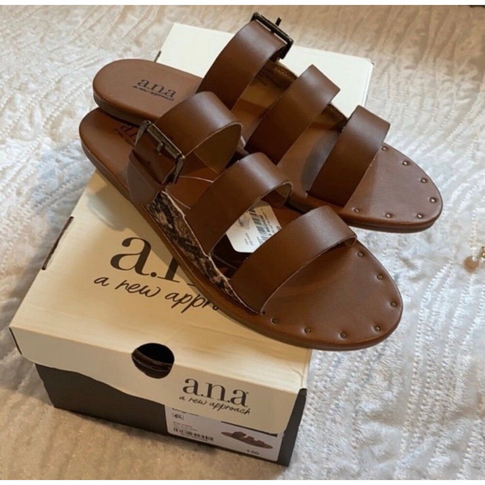 Brown sandals three strap studded with snake design new in box size 8